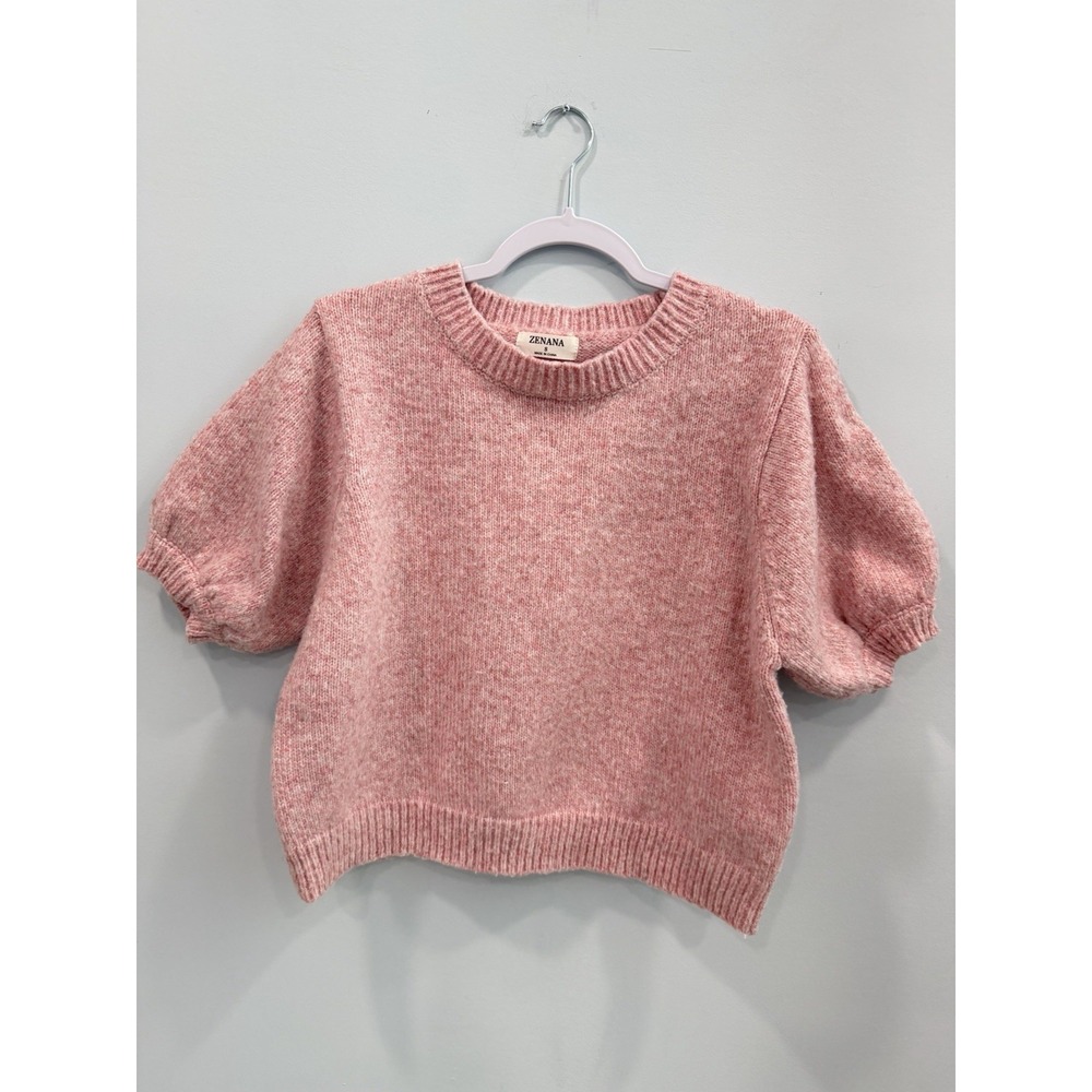 Zenana Pink Puff Sleeve Sweater Women's S Short Sleeve Heathered Knit Feminine